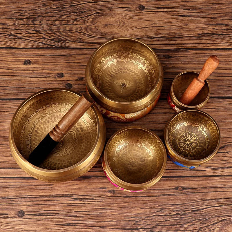 New Tibetan Nepal Handmade Singing Bowls Set Buddha Mantra Design Tibetan Bowl with Leather Stick for Yoga Chanting Meditation